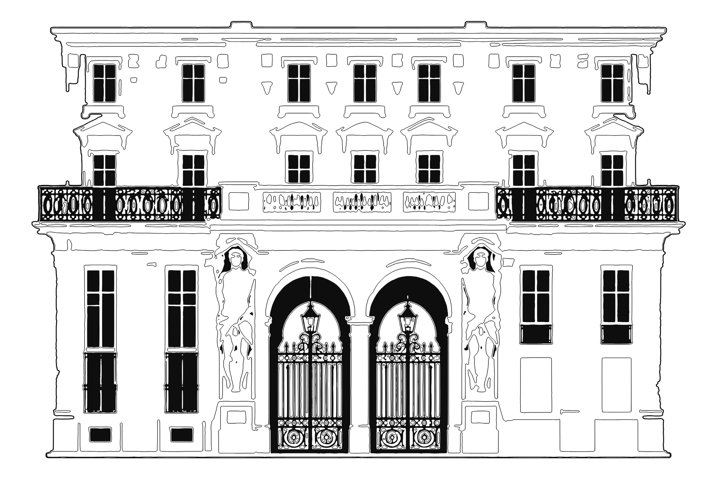 Façade historique du cabinet A LATERE, gravure sur fond noir