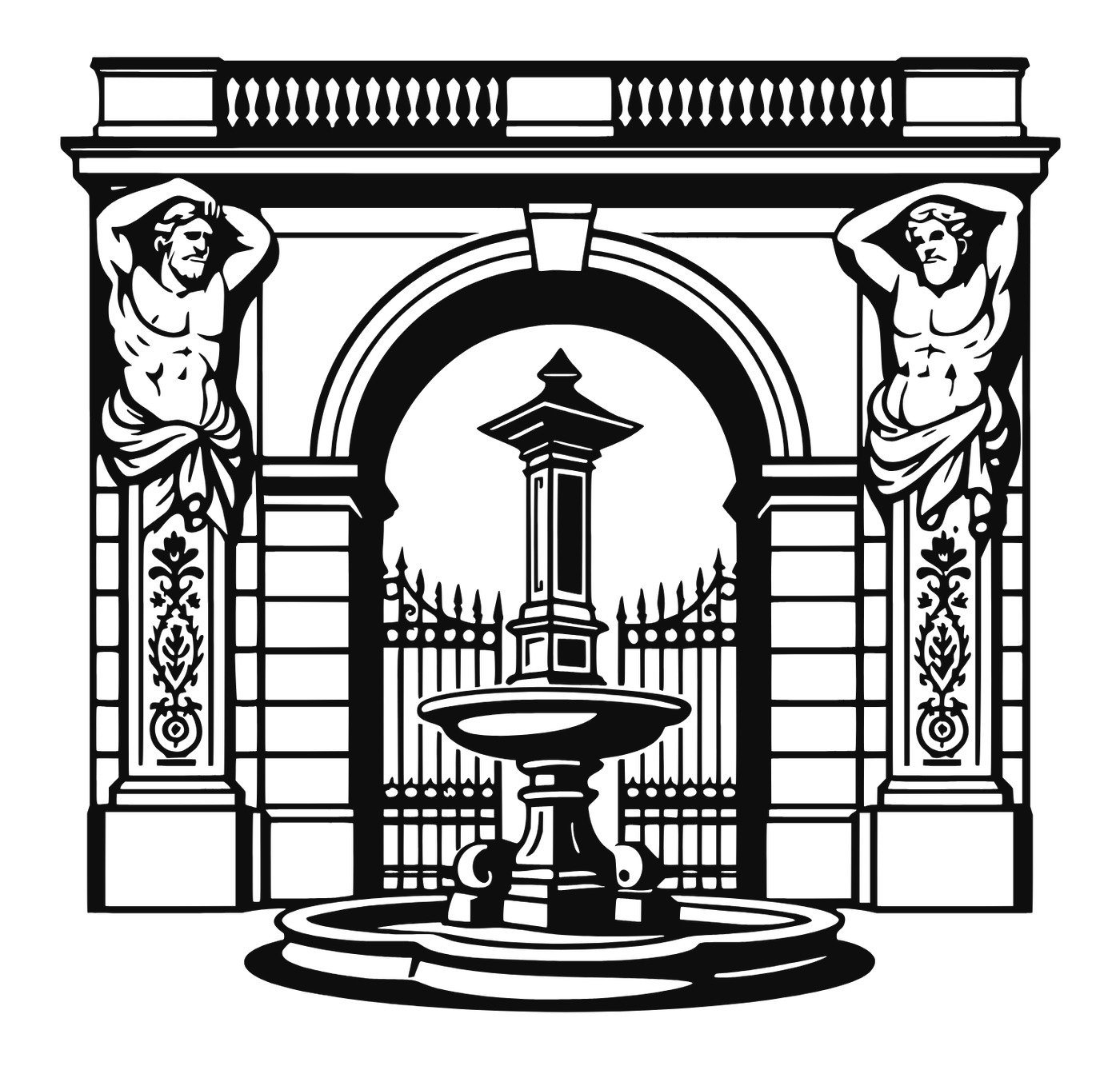 Portail, fontaine et atlantes du cabinet A LATERE, gravure architecturale